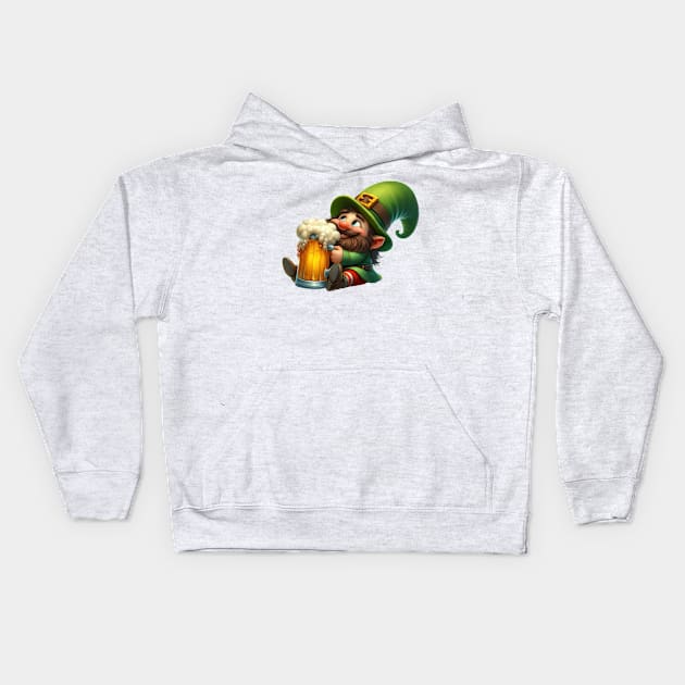 St Patricks Day Gnome Drinking Beer Kids Hoodie by Chromatic Fusion Studio